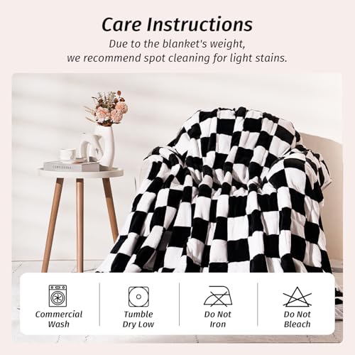 Wemore Flannel Fleece Weighted Blanket for Adult Twin Size 15 lbs, Dual Sided Luxurious Checkerboard Grid Heavy Blankets, Ultra Soft Throw Blanket, Plaid Black, 48 x 72 inches