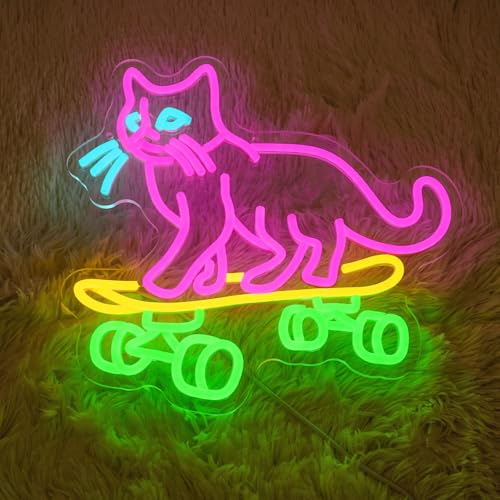 Image of Cat Skateboard Neon Sign for Wall Decor Cat Neon Light Skateboard LED Neon Signs Colorful Led Neon Lights for Bedroom Pet Shop Skatepark Decoration