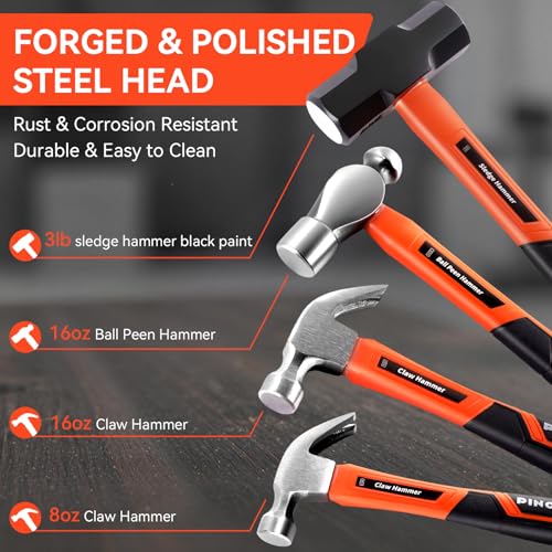 Image of PINOZE 6-Piece Hammer Mallet Set with Fiberglass Handle Forge Steel Head, 16oz Ball Pein Hammers | 32oz Rubber Mallet | 3lb Sledge | 16oz & 8oz Claw Hammer | 22oz Double-Faced Mallet