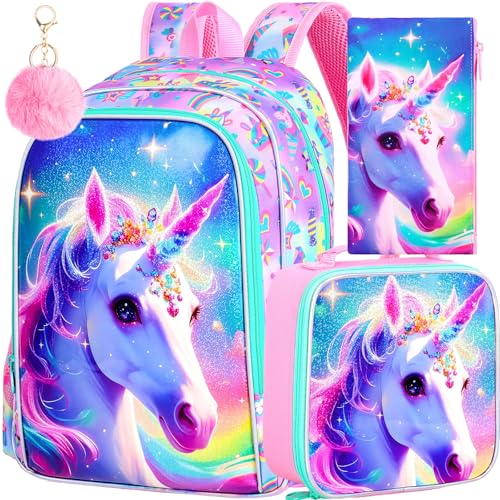 Image of AGSDON 3PCS Backpacks for Girls, 16 inch Kids Unicorn Elementary Backpack with lunch box, Water Resistant Prechool Bookbag for Girl