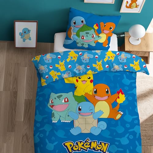 OMYDREAM Pokemon Goodbye Parure de lit Enfant 1 Personne | 100% Coton | Oeko-TEX | Housse de Couette 140x200 cm + Taie d'oreiller 63x63 cm | Imprimé...