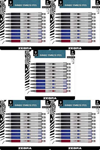 Zebra F-301 Ballpoint Stainless Steel Retractable Pen, Fine Point, 0.7mm, Assorted Ink, 9-Count: Black, Blue, Red Pack of 5