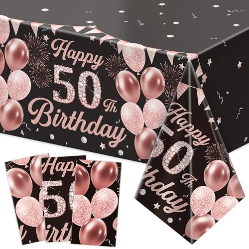 Image of Labeol 3 Pack 50th Birthday Decorations for Women - Happy 50th Birthday Tablecloth, Black and Rose Gold 50th Birthday Table Cover, 54 x 108 Inch Rectangular Disposable Party Supplies