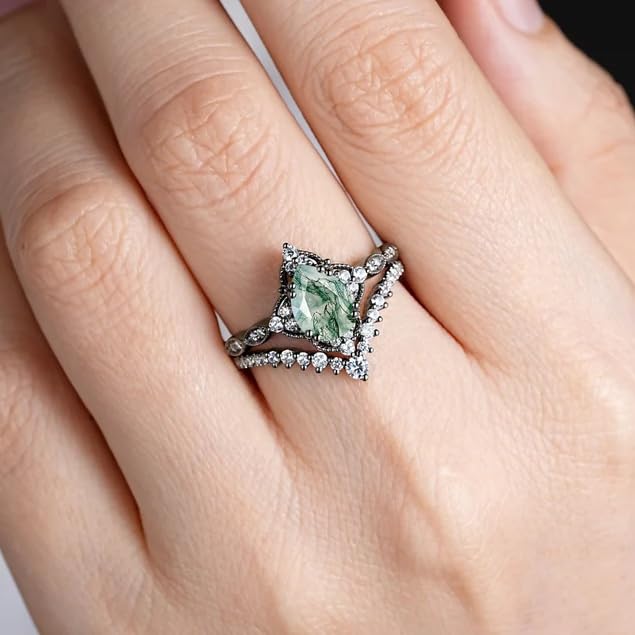 Black Gold Plated Natural Moss Agate Bridal Ring Set 925 Sterling Silver Genuine Green Pear Cut Moss Agate with Moissanite Ring Set Engagement Band Gift for Women Her3