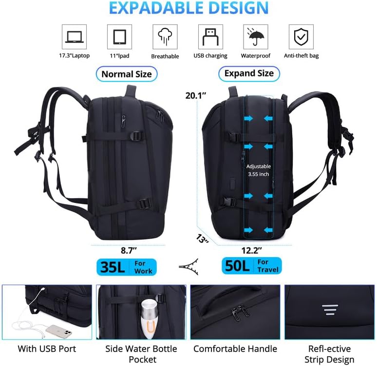 Travel Backpack for Men 50L Expandable Flight Approved Carry on Backpacks Luggage for Travel Water Resistant 17.3 inch Laptop Backpack with USB Charging Port 50L B-18 Black image 3 of 8 B0D99ZQPPP
