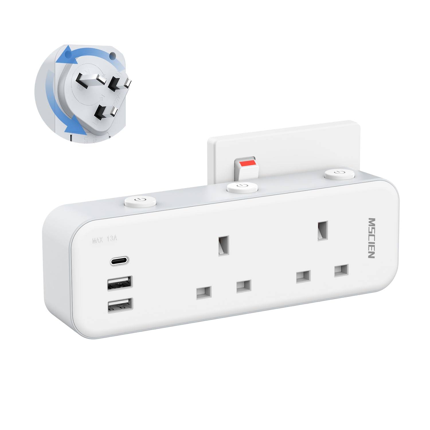 Mscien Multi Plug Extension Socket, UK Wall Socket Plug Extender with 315 Degree Rotating Design for Home, Office, Dorm (2 Way UK Sockets + 3 USB Ports(2 USB-A + 1 USB-C))