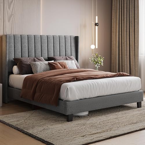 Yaheetech Cama tapizada 160 x 200 cm Cabecero a Rayas con Alas Láminas de Madera y Metal Cama Matrimonial Color Gris Claro