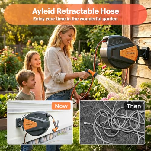 Image of Ayleid Retractable Rubber Hybrid Garden Hose Reel, 1 /2 inchx65ft Wall Mount | Anti-freeze, kink-free premium rubber hybrid hose, 24-month warranty, 9-pattern sprayer, any-length lock, slow auto-return.