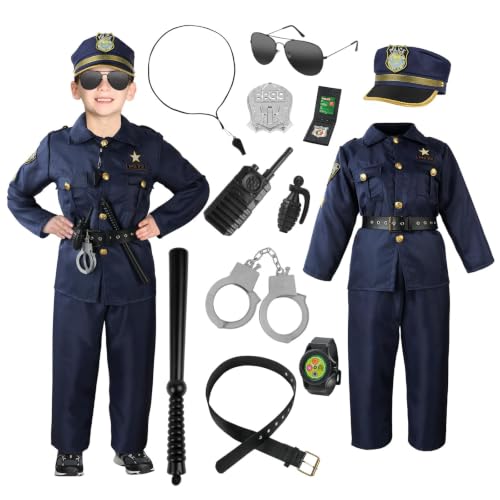 Aomig Polizei Kostüm Kinder 13 Stück Polizeikostüm Set mit Polizei-Hut Gürtel Handschellen Polizeizubehör Deluxe Polizistenkostüm für Jungen Kostüm Kind Verkleidung für Halloween Festival Cosplay (S)