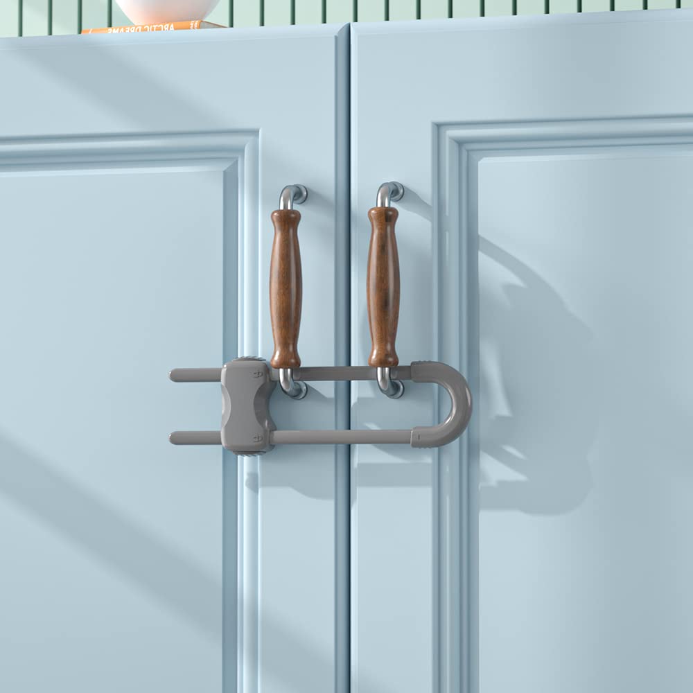 SAFELON3 PCS Baby Safety Sliding Cabinet Lock with U Shape, Child Proof Cabinet Latch for Cabinets & Drawer & Door with Double Handles & Konbs (Grey)