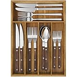BESHOF Acacia Wood Silverware Organizer, Kitchen Drawer Organizer for Flatware, Wooden Utensil Holder and Cutlery Tray with Grooved Drawer Dividers, 5 Compartment Utensil Tray (5 Compartments)