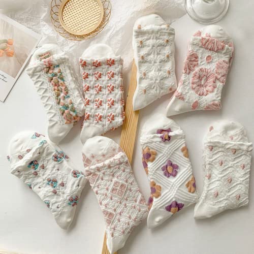 Image of 8 Pairs Cute Flower White Socks Women's Mid-tube Spring and Summer Thin Stockings (8 Pairs Combo)