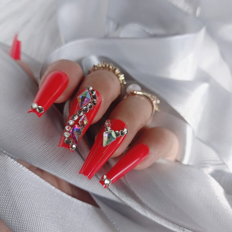 Miniatura 5 de Uñas postizas a presión rojas de lujo con diamantes de imitación, uñas postizas cuadradas extralargas, 24 unidades, brillantes, cobertura completa,