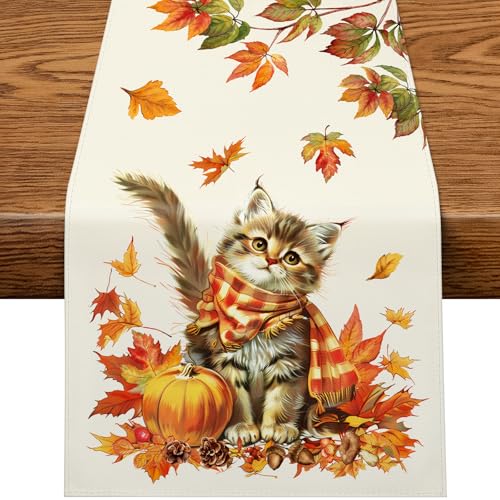 PITMT Tischläufer Herbst 40x140 cm, Herbstdeko Tischläufer Süße Katze Saisonnal Küche Tisch Dekoration, Herbst Deko Tisch Tischdecke Kürbisse Ahornblätter für Drinnen Urlaub Party Herbstdekoration