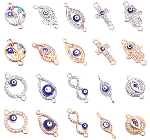 40pcs Mix Alloy Gold Silver Colored Enamel Rhinestone Diamond Evil Eye Link Charms Jewelry Connectors for DIY Bracelet Necklace Jewerly