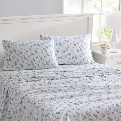 Image of Laura Ashley - Full Sheet Set, Cotton Flannel Bedding, Brushed for Extra Softness & Comfort (Audrey Blue, Full)