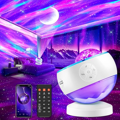 Image of One Fire Northern Lights Projector,16Color Galaxy Projector for Bedroom, 15 White Noise Galaxy Light Projector, 5Moon Star Projector, Bluetooth Aurora Light Projector, Remote Timer Star Lights