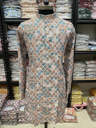 Image of FOXDX Men's Cotton Blend Printed Long Kurta Suitable for All Indian Wedding, Occasions, and Festivals