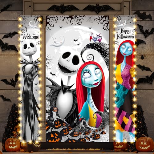 Halloween Door Decorations, Nightmare Jack Skellington Halloween Decorations Porch Sign and Door Cover, Glow in Dark All Hallows' Eve Outdoor Indoor Party Banner