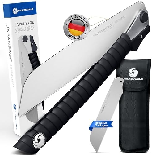 Falkenwald Japansäge klappbar - Holzsäge + 2x Sägeblatt 7TPI, 17TPI + Tasche - Ideal für die Bearbeitung von Holz - Handsäge für Querschnitt und Längsschnitt - Holzbearbeitungswerk