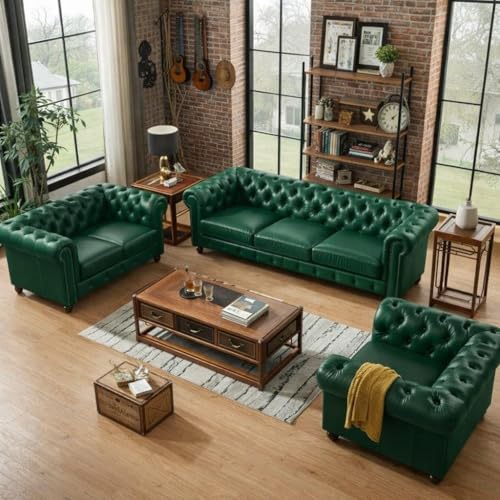 Image of UMAR ARTS Luxury Chesterfield Leatherate Sofa Set, Tufted Genuine Leatherate, Classic Living Room Furniture (Green 3+2+1)