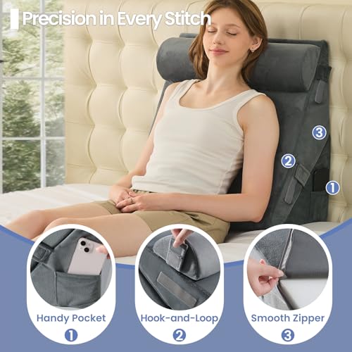 Sasttie Wedge Pillow Set for After Surgery, 3PCS Adjustable Bed Wedge Pillow Headboard with Memory Foam Neck Cushion – for Acid Reflux, Sleeping, Neck & Back Support, Velvet & Dark Grey