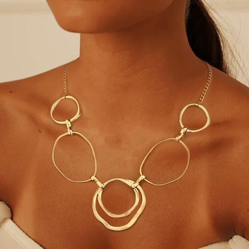 Chunky Gold Statement Necklace for Women, Big Geometric Circle Link Chain Collar Bold Fashion Chunky Trendy Metal Statement Jewelry Gift - Image 5