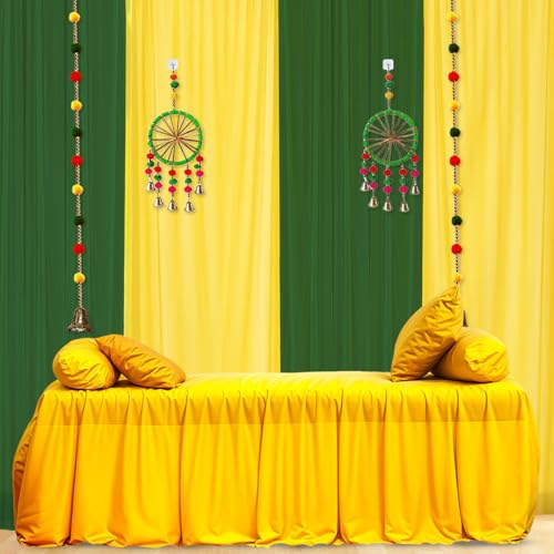 Image of Party Propz Green and Yellow Backdrop Decorations with Pom Pom Hangings - 12Pcs Mehendi Decoration Setup for Home, Haldi Decoration Items for Home, Backdrop Cloth for Decorations Pooja(12Pcs)(Satin)
