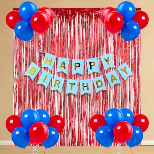 Image of Party Propz Birthday Decoration Kit For Husband - 41 Pcs Happy Birthday Decoration Kit with Red Foil Curtain, Red Balloons, Blue Balloons, Ribbons & Banner (Latex, Foil, Cardstock)