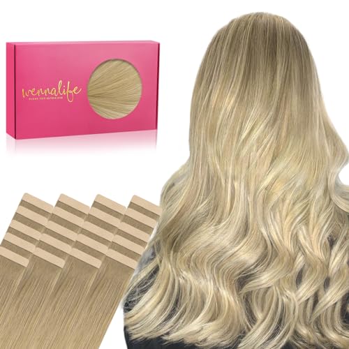 Image of WENNALIFE Tape in Hair Extensions Human Hair, 20pcs 50g 12 inch Balayage Dirty Blonde to White Blonde Remy Hair Extensions for Women Tape Ins Straight Extensiones De Cabello Humano Skin Weft