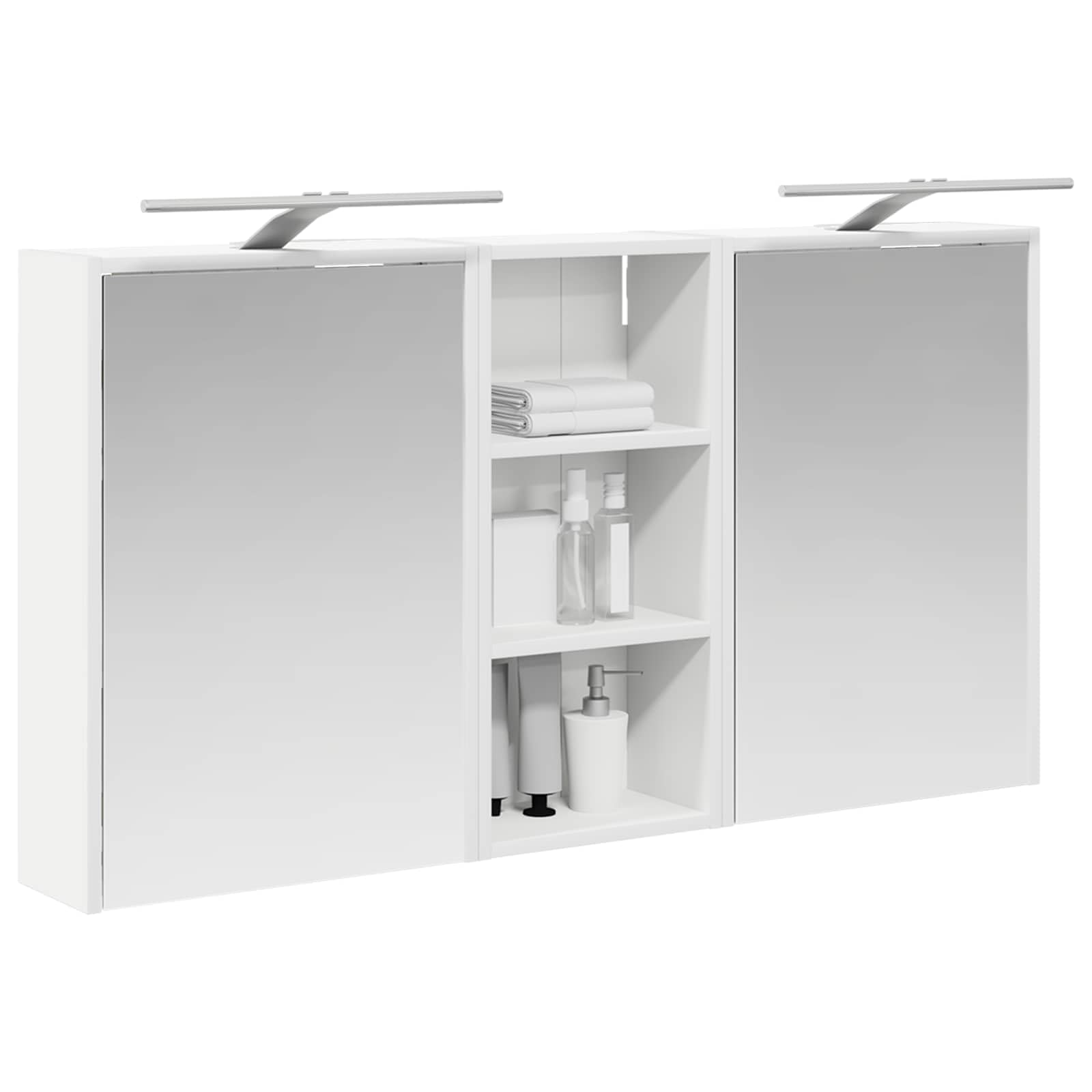 Zestaw szafek łazienkowych z materiału drewnopochodnego z 3 elementami 116 x 16 x 62,5 cm, montowana na ścianie z oświetleniem LED i dwukierunkowym lustrem, miejsce do przechowywania
