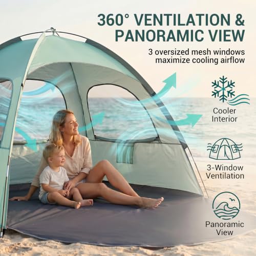 Image of WhiteFang Beach Tent Anti-UV Portable Sun Shade Shelter for 3 /4 /6 /8 Person, Extendable Floor with 3 Ventilating Mesh Windows Plus Carrying Bag, Stakes and Guy Lines