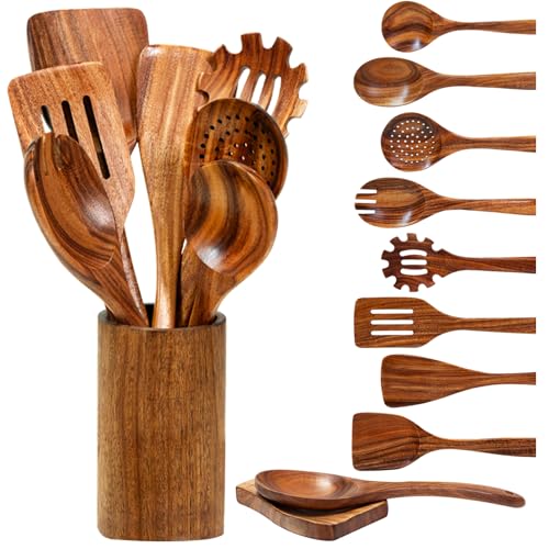 Wooden Spoons for Cooking, Natural Teak Wooden Utensils Set, 10 P...