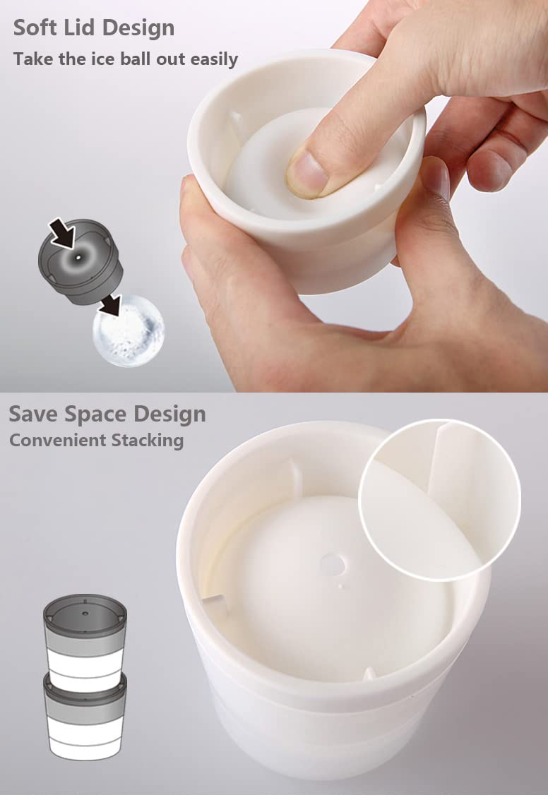 PIPITA 4 moldes para Hacer Bolas de Hielo,7cm Bandeja de Hielo en forma Redonda Grande, Diseño Doble a Prueba de Fugas con Anillo de Presión, Ideal para Whisky o Cualquier otra Bebida