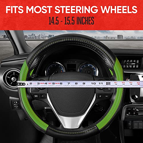 Image of Motor Trend SportDrive Faux Leather Steering Wheel Cover, Standard 15 inch Size, Two-Tone Black & Green, Car Steering Wheel Cover for Truck Van SUV Auto