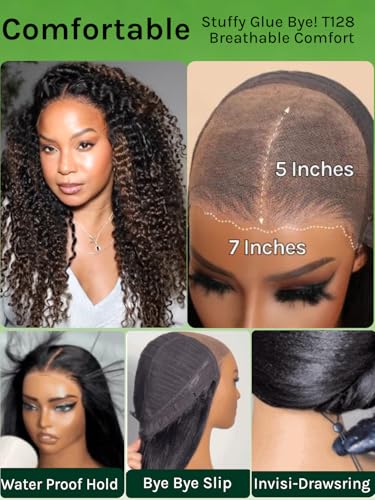 Image of KLAIYI Bye Bye Slip Ombre Brown Burmese Curly Glueless Precut 7x5 Lace Front Human Hair Wig with Finger Coil Ends Drawstring Chestnut Brown Pre Plucked Bleached Knots Ready to Wear and Go Wig 24Inch