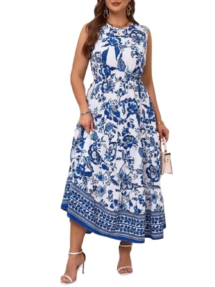 Women's Plus Size Maxi Dress, Blue and White Floral Print, Sleeveless A-Line, Rayon, Round Neck, Spring-picture-37