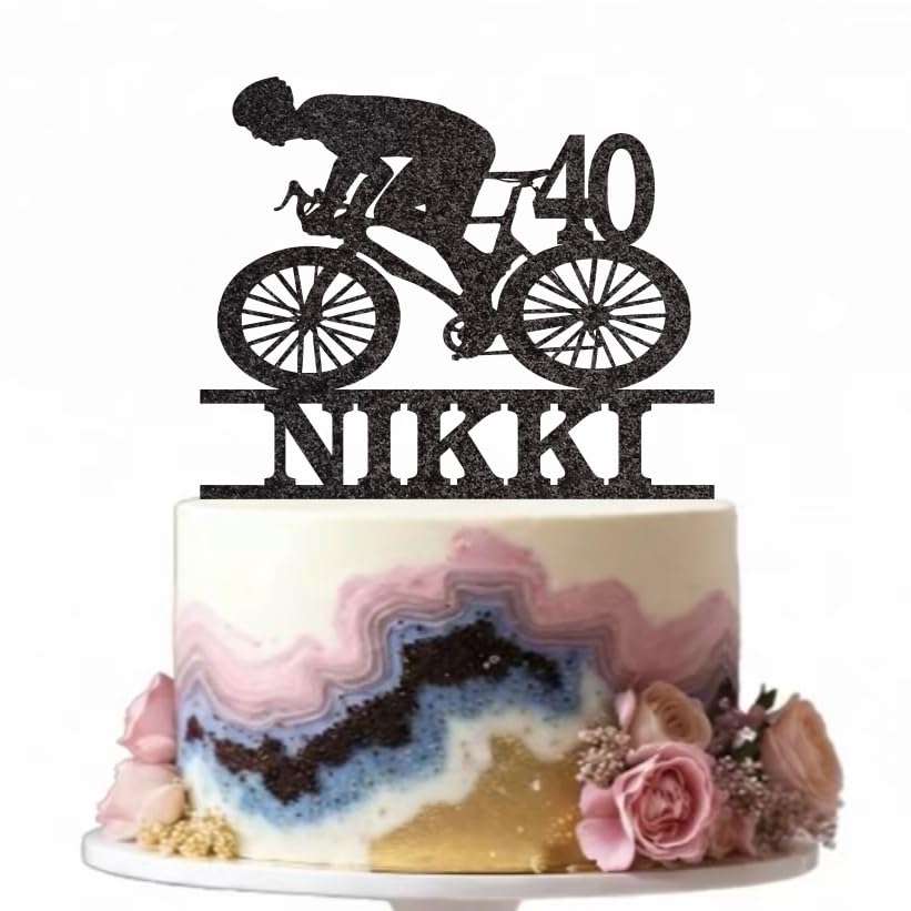 Welshcrafter Design - Personalised Cycling Glitter Card Cake Topper, Bike Cyclist Topper, Birthday Name Cycle Cake Topper, Bicycle Sporty Decor, Custom Name Age Party Decorations Supplies