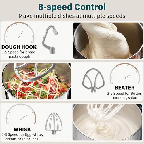 Vospeed Stand Mixer, 4.5L+5L Bowls 8-speed 1000W Tilt-Head Food Mixer for Baking, Kitchen Electric Mixer with Dough Hook, Whisk, Beater, Splash Guard (Bule) - Image 6