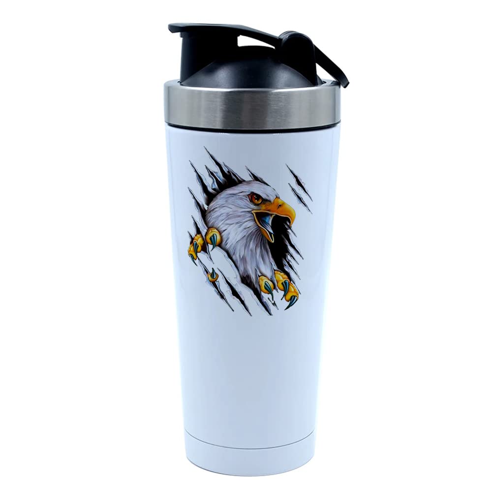 500ml Aluminium Shaker Bottle for Supplement Shakes - Easy Clean, Durable Cup Eagle Design Water Colour Painting Rainbow Art Birthday, Christmas, Secret Santa. (White)