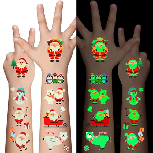 Awinmay Luminous Christmas Temporary Tattoos for Kids - 120 Pieces Christmas Glow in The Dark Tattoos Stickers for Boys and Girls Christmas Party Favors for Kids Stocking Stuffers and Gifts 10 Sheets