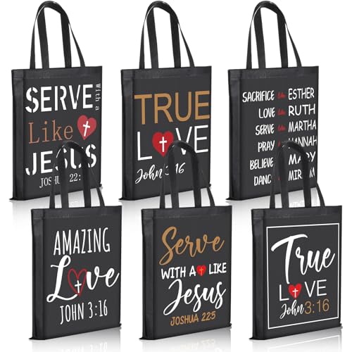 Sweetude 24 Pcs Christian Tote Gift Bags Bulk Jesus Scripture Tote Bags Religious Non Woven John 3: 16 Bible Church Gifts(Black)