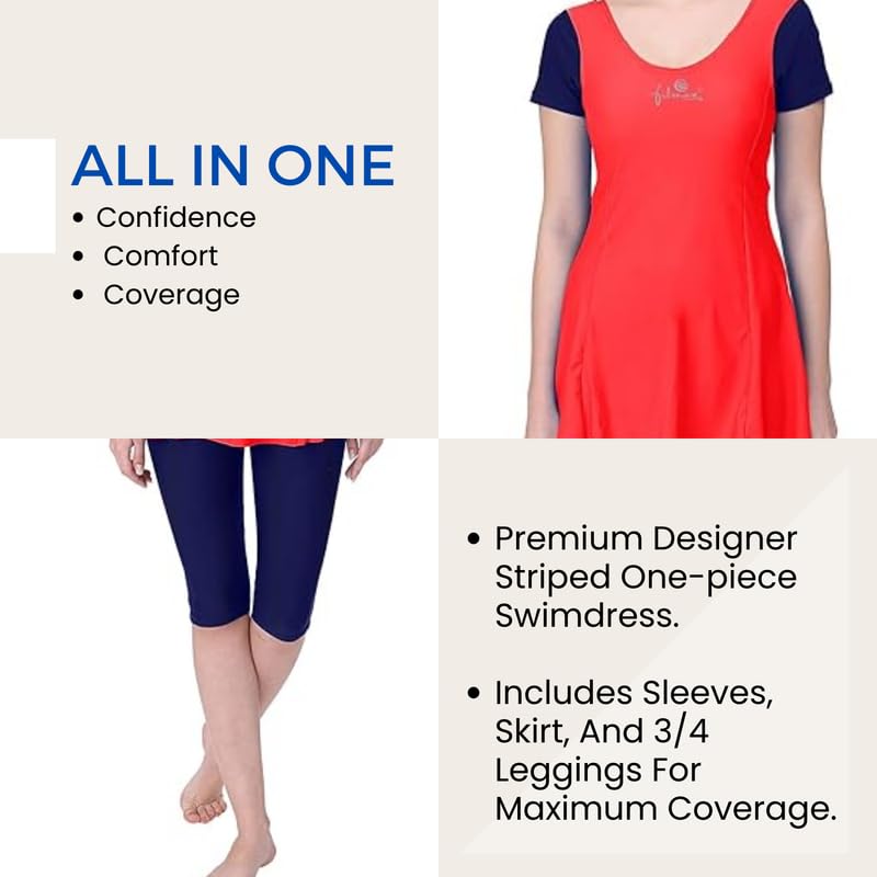 Image of Originals Swimming Costume for Women's One-Piece Beach Wear with Sleeve & Skirted 3 /4 Leggings Maximum Covered Swim Wear Dress (L - 7XL)