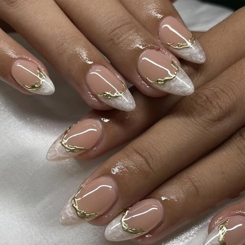 Image of Secret Lives Almond Press-On Nails - White Gradient with 3D Design Wearable Artificial Nail Tips 24-Pieces False Nail Set with Kit