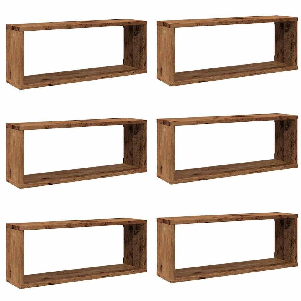 Scaffalature, mensole da parete e sporgenze, mensole cubiche da parete, 6 pezzi, in legno antico, 60 x 15 x 23 cm, in legno ingegnerizzato