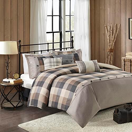 Madison Park Ridge Duvet Set - Cabin Lodge Plaid Herringbone Design, Button Accent, All Season Bedding Cover for Comforter, Matching Shams, Embroidered Decorative Pillow, Full/Queen Neutral 6 Piece - Thumbnail 3