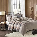 Madison Park Ridge Duvet Set - Cabin Lodge Plaid Herringbone Design, Button Accent, All Season Bedding Cover for Comforter, Matching Shams, Embroidered Decorative Pillow, Full/Queen Neutral 6 Piece