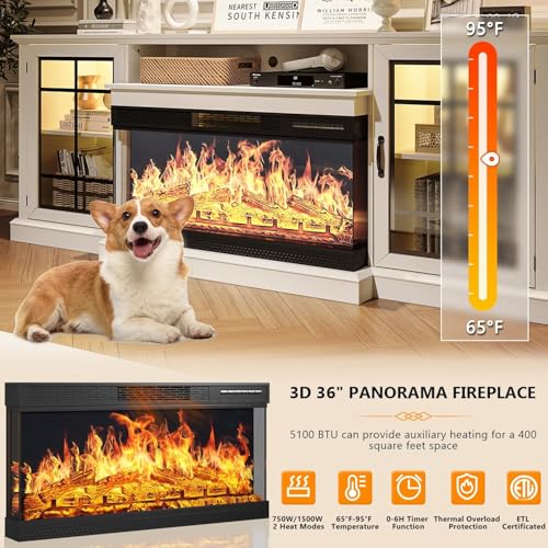 Image of MXV 80'' Fireplace TV Stand, Farmhouse Entertainment Center with 3 Sided Glass TV Stand, Modern Media Console Table with Storage Drawers & Cabinets with LED Flame and Lights for Living Room, White