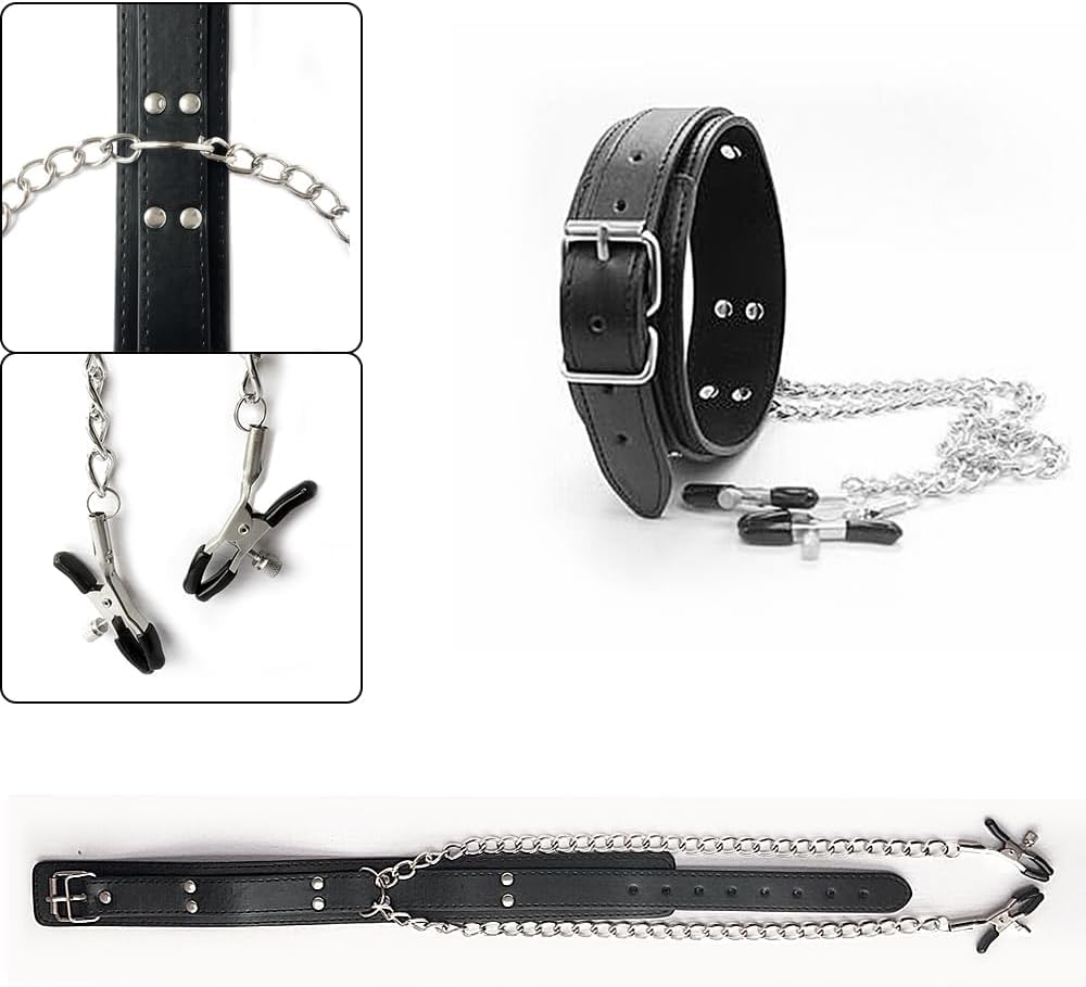 Collare sexy in pelle e collana con clip a catena integrata
