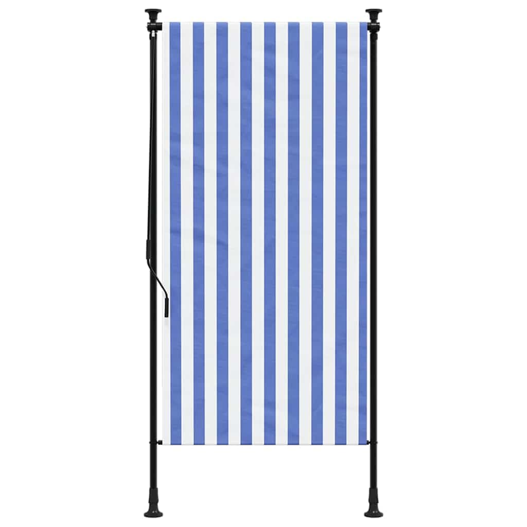 Store Vertical Exterieur avec manivelle sans perçage, Store Enrouleur sans Percage Exterieur, Extensible & Opaque, Paravent de Balcon, Coupe-Vent, Bleu et Blanc 100x270 cm Tissu Acier